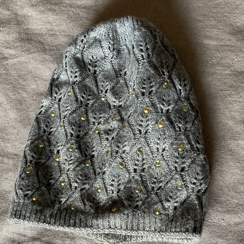 Knit beanie, glittery yarn and rhinestones